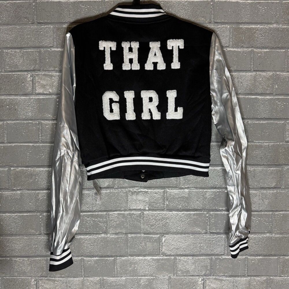 NWT Do My Self That Girl Womens Small Cropped Varsity Bomber Jacket Black Silver